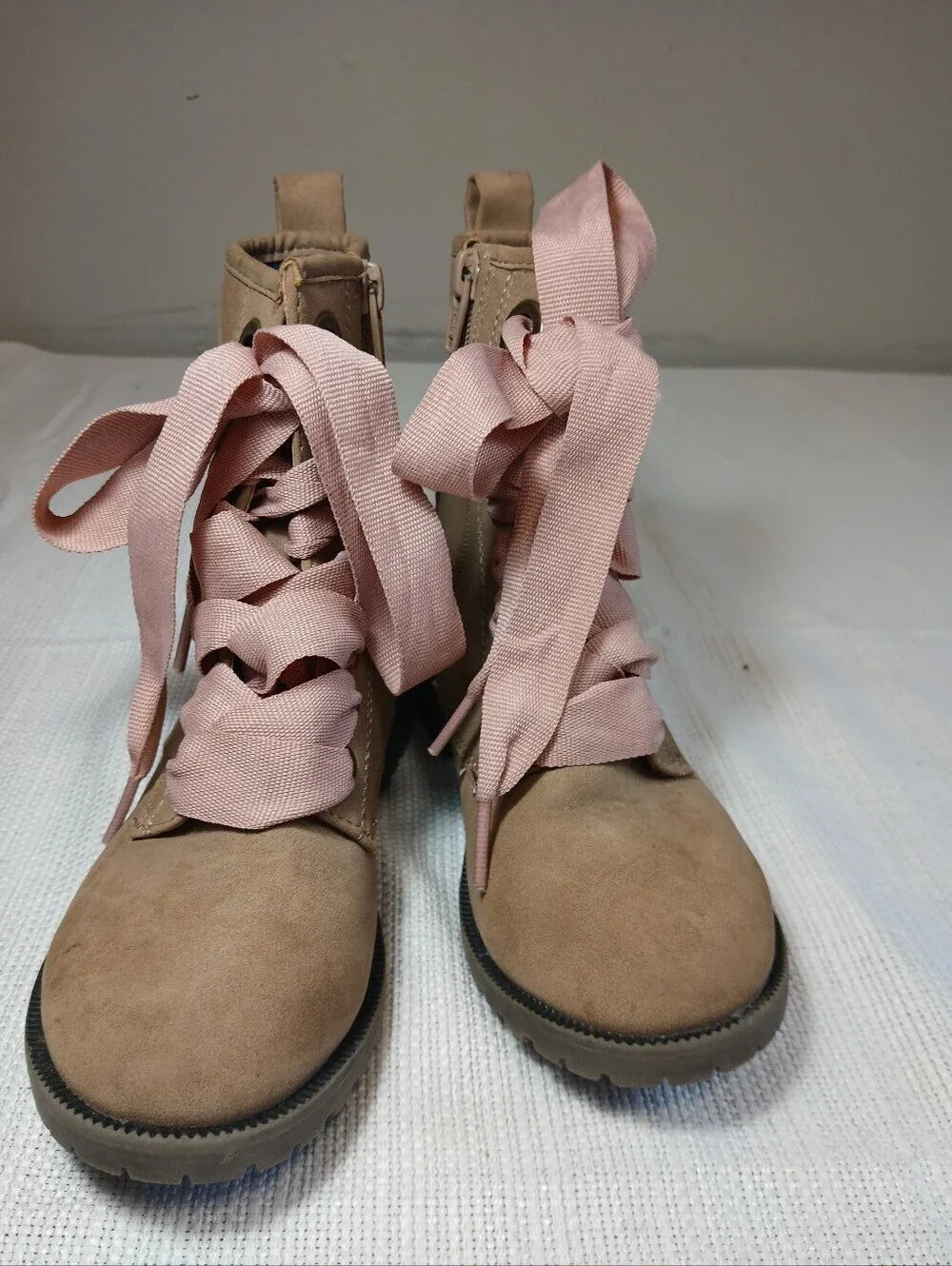 Cat & Jack Tan Boots with Pink Ribbon Laces